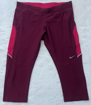 Nike Dri-FIT Womens Capri Leggings Medium Burgundy Pink Running Athletic
